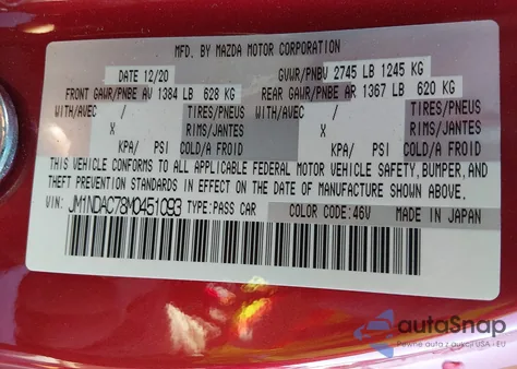 2021 Mazda Mx-5 Miata Club из США, поврежденный, VIN JM1NDAC78M0451093